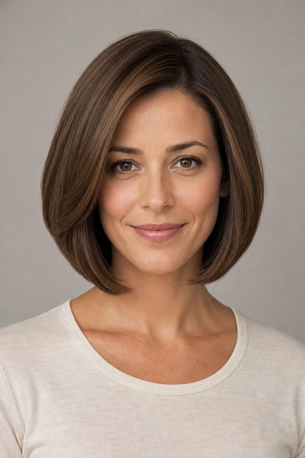 Rounded Layered Bob With a Beveled Perimeter That Curves Inward