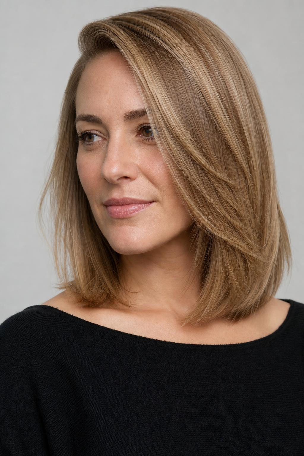 Long Layered Bob Swept Deeply to One Side With Jawline Layers