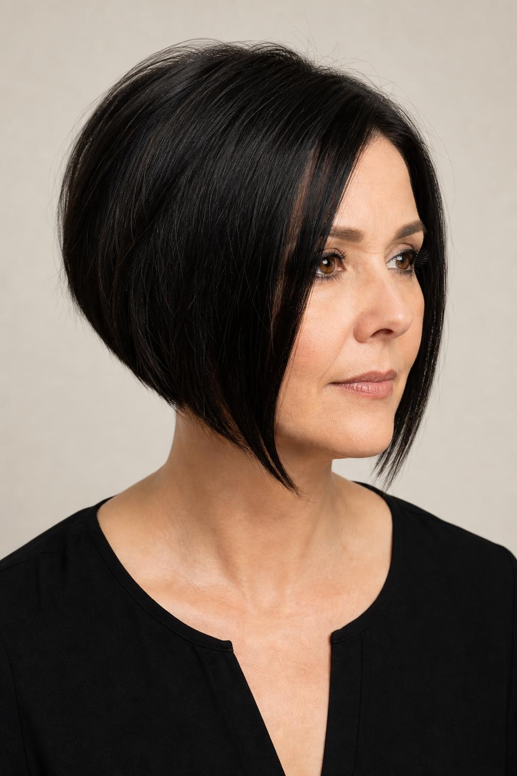 Sleek Inverted Bob Cut Shorter at the Back With Crown Volume