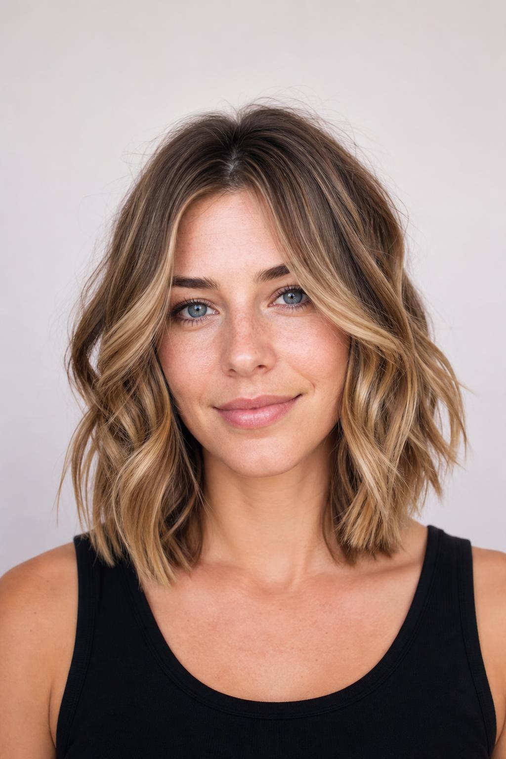 Tousled Layered Lob Wand-Curled in Alternating Directions