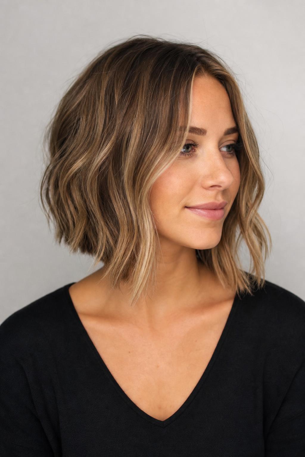 Wavy A-Line Bob Cut Shorter at the Back and Longer at the Front