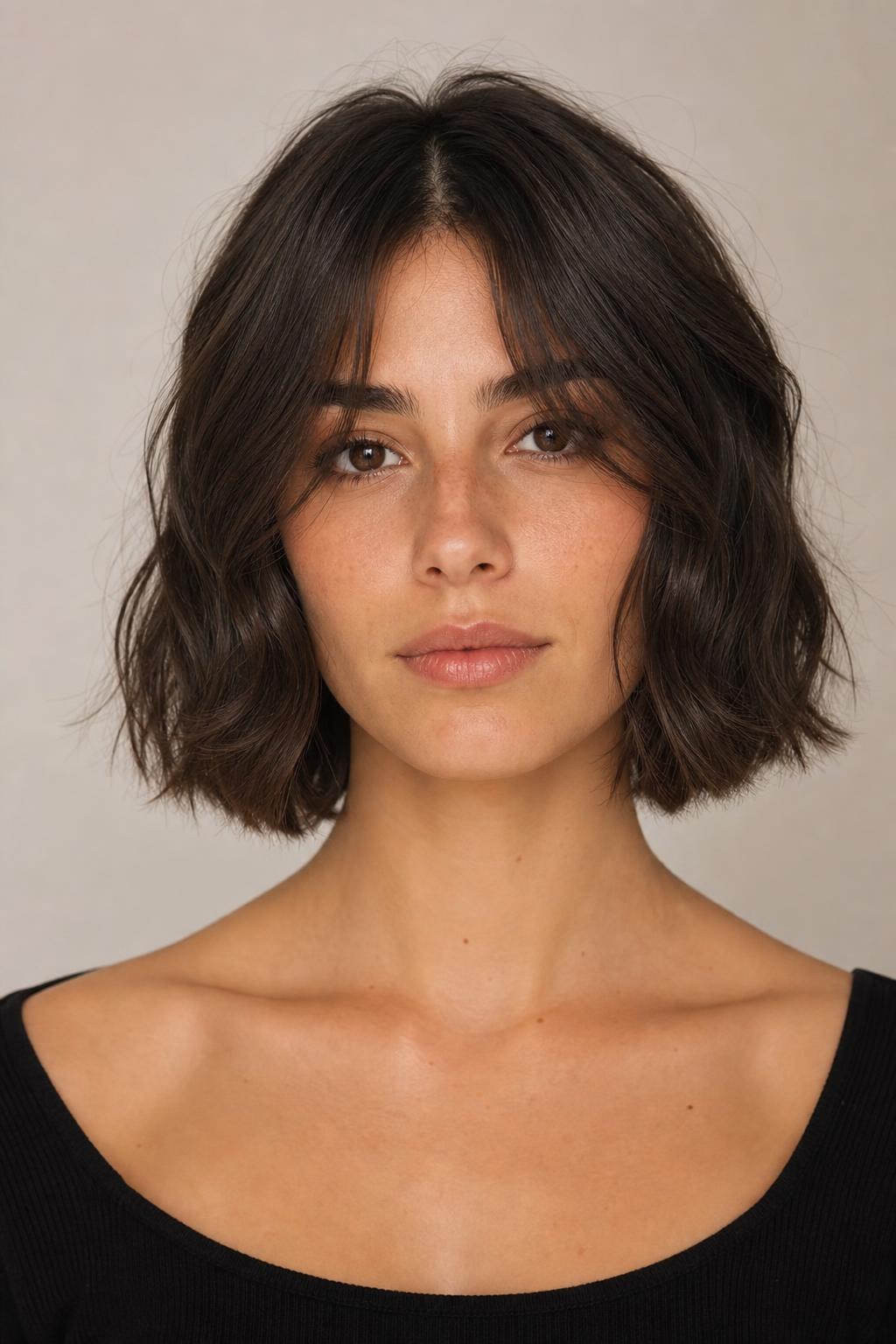 Wavy Bob With Curtain Bangs Cut to Lip Length