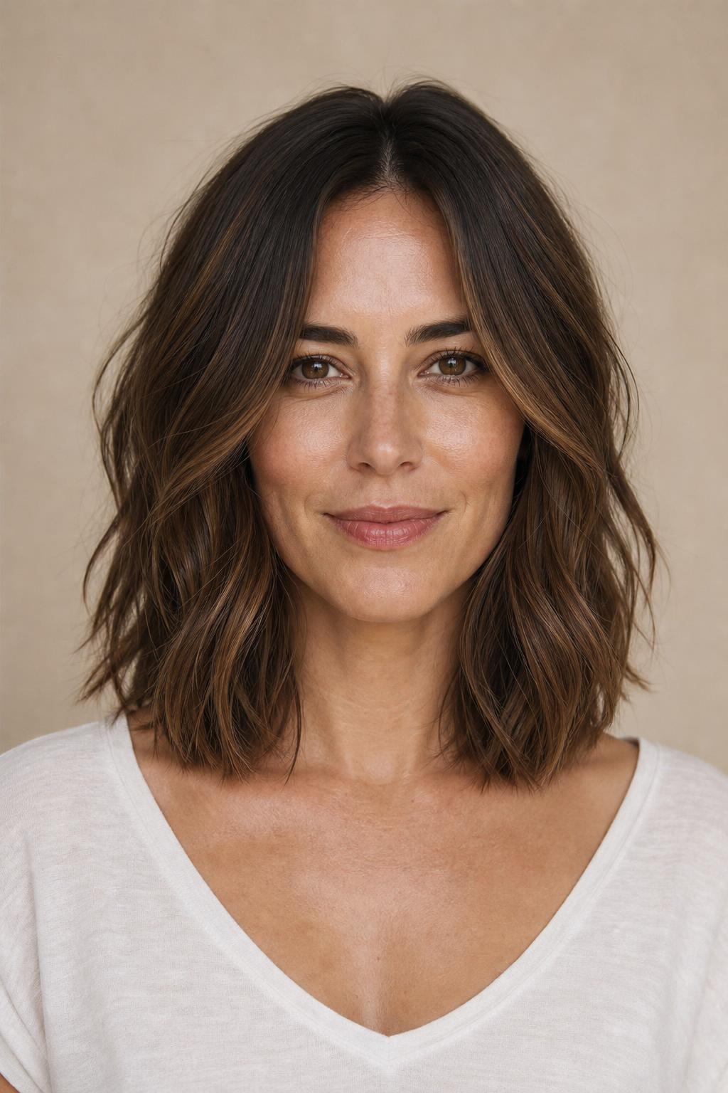 Shoulder-Grazing Lob with Soft Internal Layers on Medium-Density Wavy Chestnut Hair