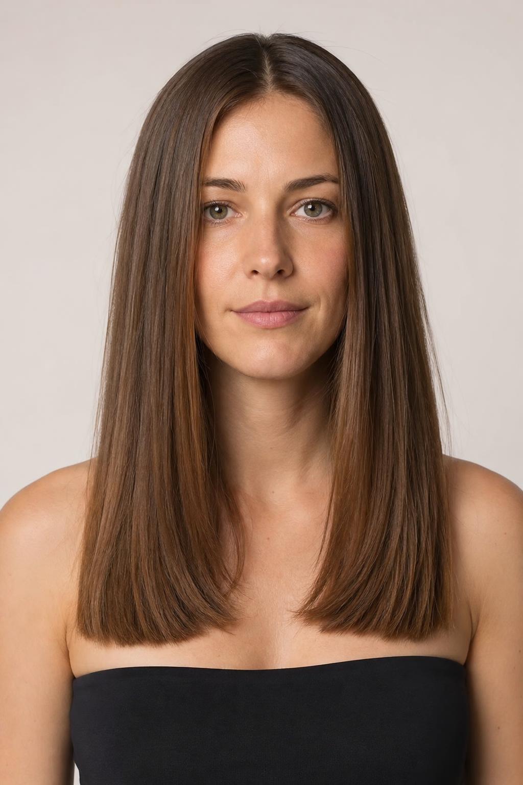 Long Hair Cut to a Strong Straight Horizontal Line at the Ends