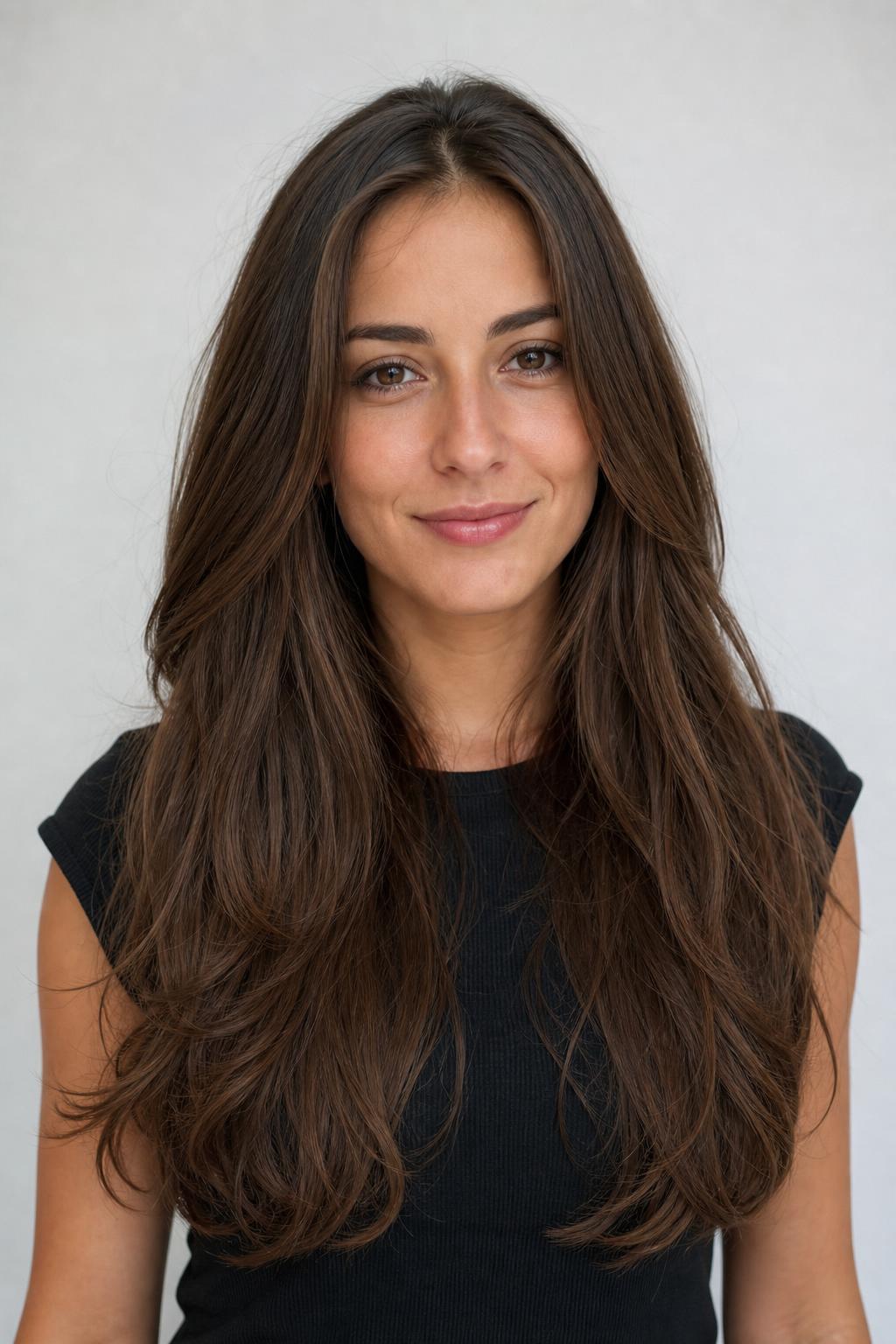 Long Layered Hair with the Shortest Layer Starting below the Collarbone