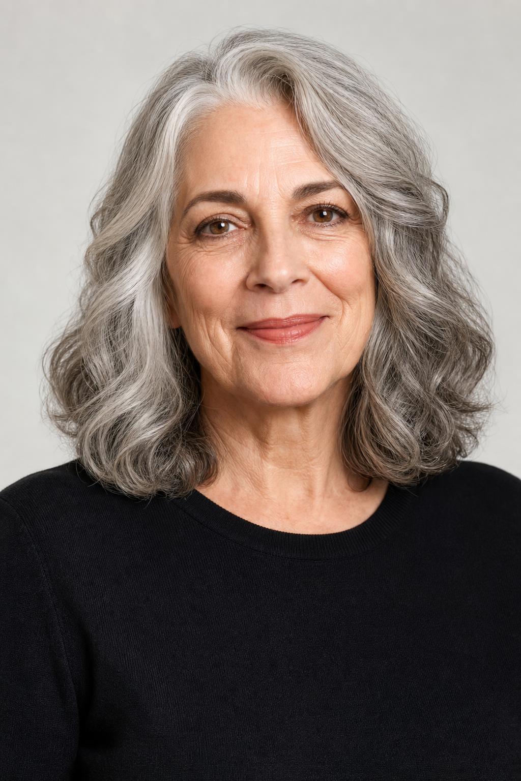 Shoulder-Length Loose Waves with Full Ends on Fine Salt and Pepper Hair