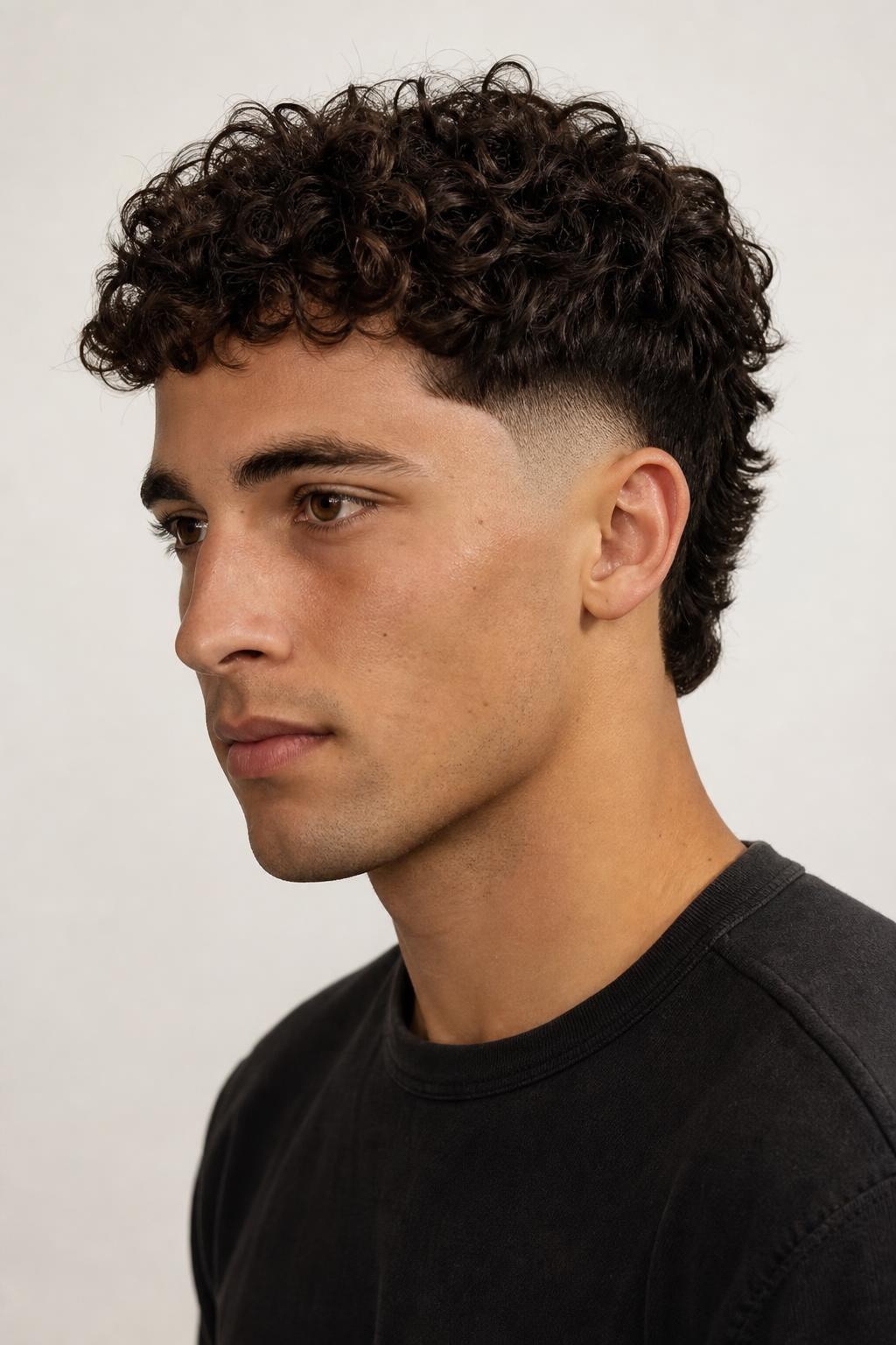 Low Burst Fade Arcing Around the Ear with Three Inches of Dark Curls