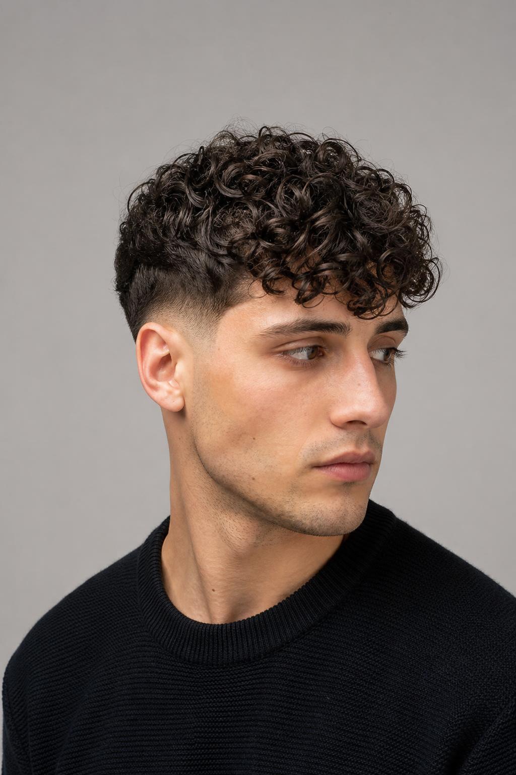 Low Drop Fade with Three Inches of Loose Dark Curls and a Curved Fade Line