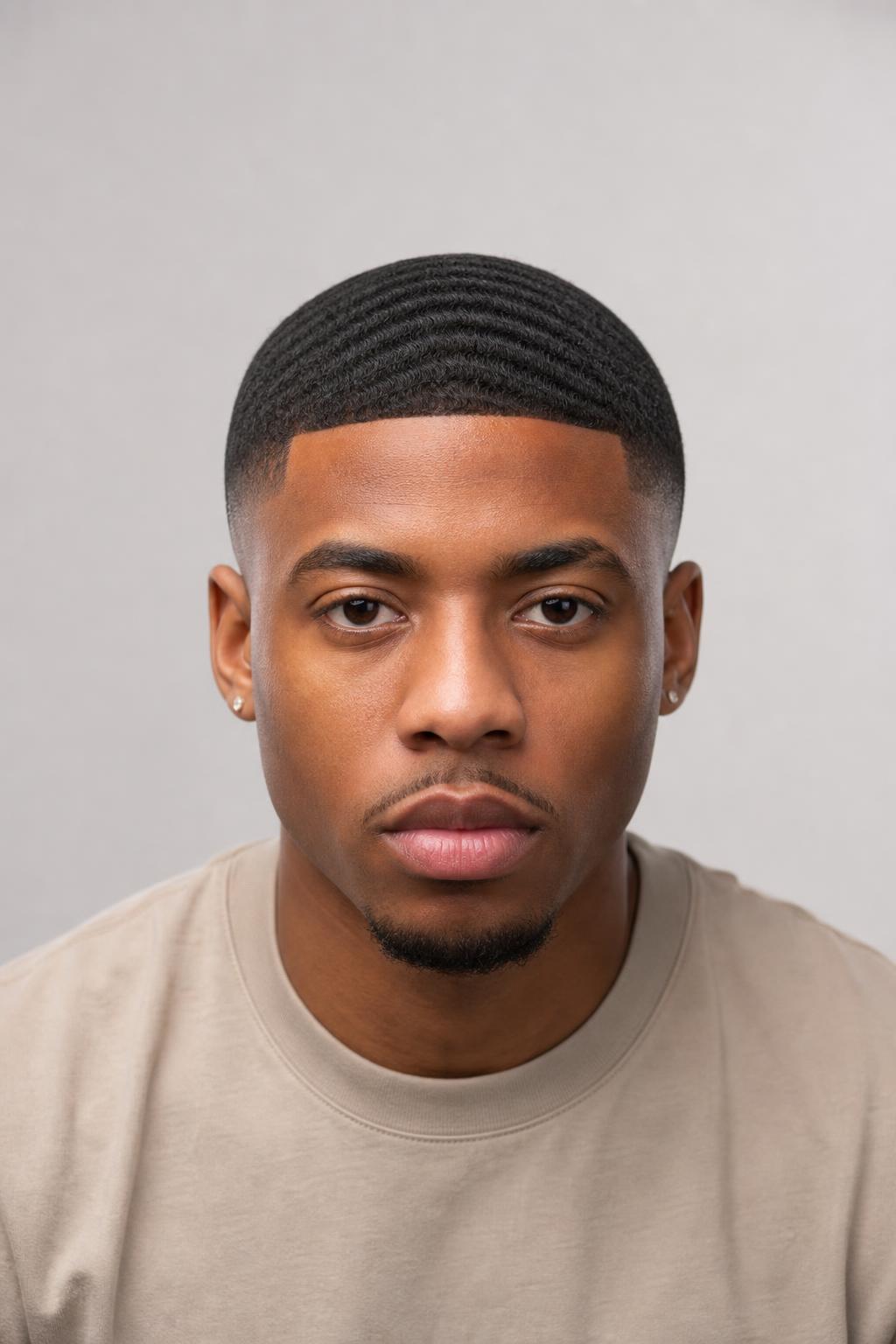 Low Fade with a Tight 360 Wave Pattern Brushed Across Very Short Dark Hair