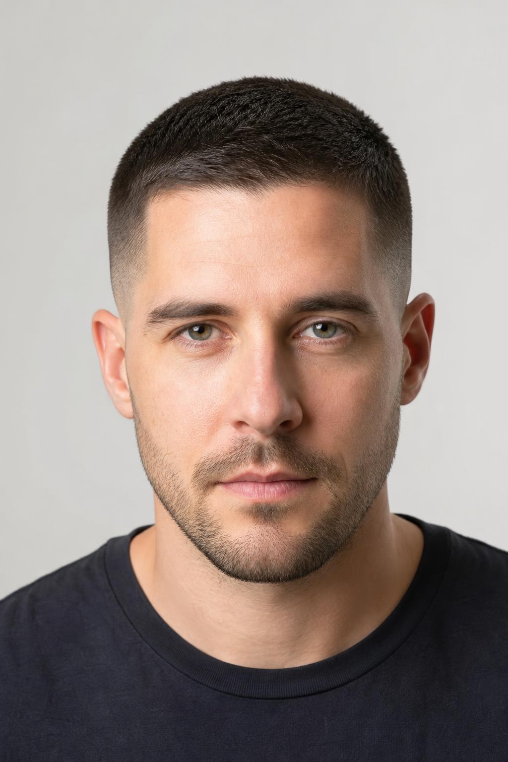 Low Fade Buzz Cut with a Quarter-Inch Top on Dark Straight Hair