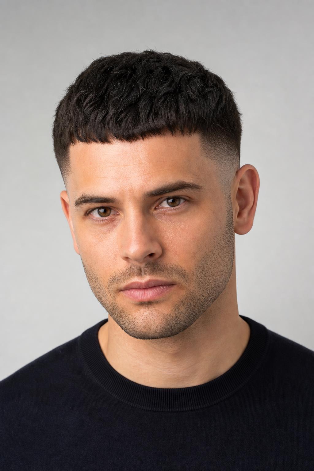 Low Fade Caesar Cut with a Short Forward Fringe on Thick Dark Hair