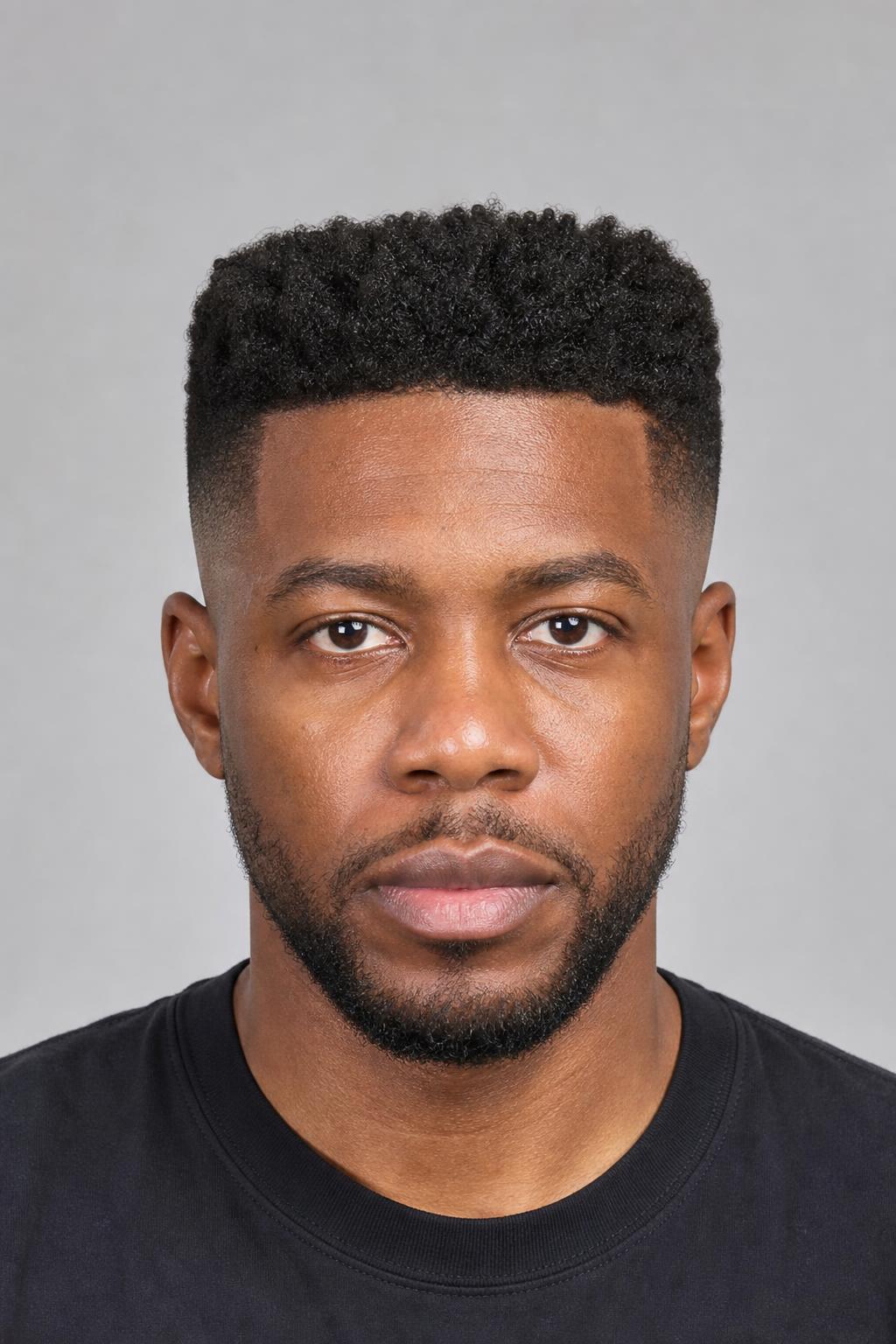 Low Fade with a Two-Inch Squared Top on Dense Dark Coily Hair