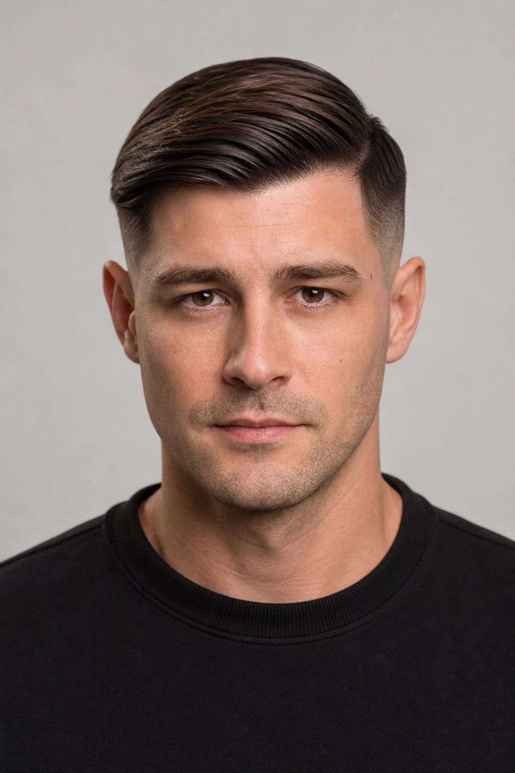 Low Fade Comb Over with Three Inches Swept from a Side Part on Dark Brown Hair