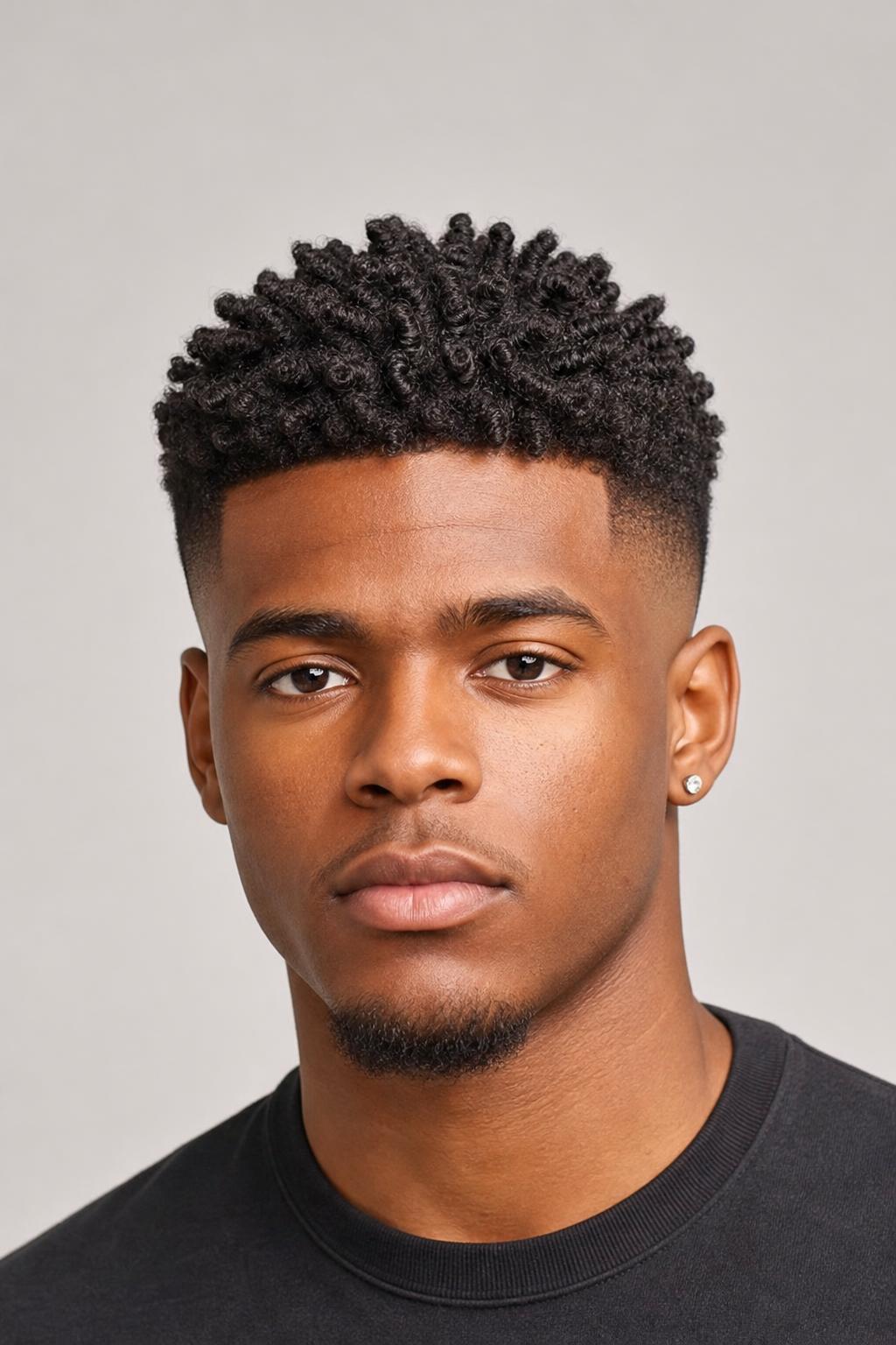 Low Fade with an Inch and a Half of Sponge-Twisted Curls on Dark Coily Hair