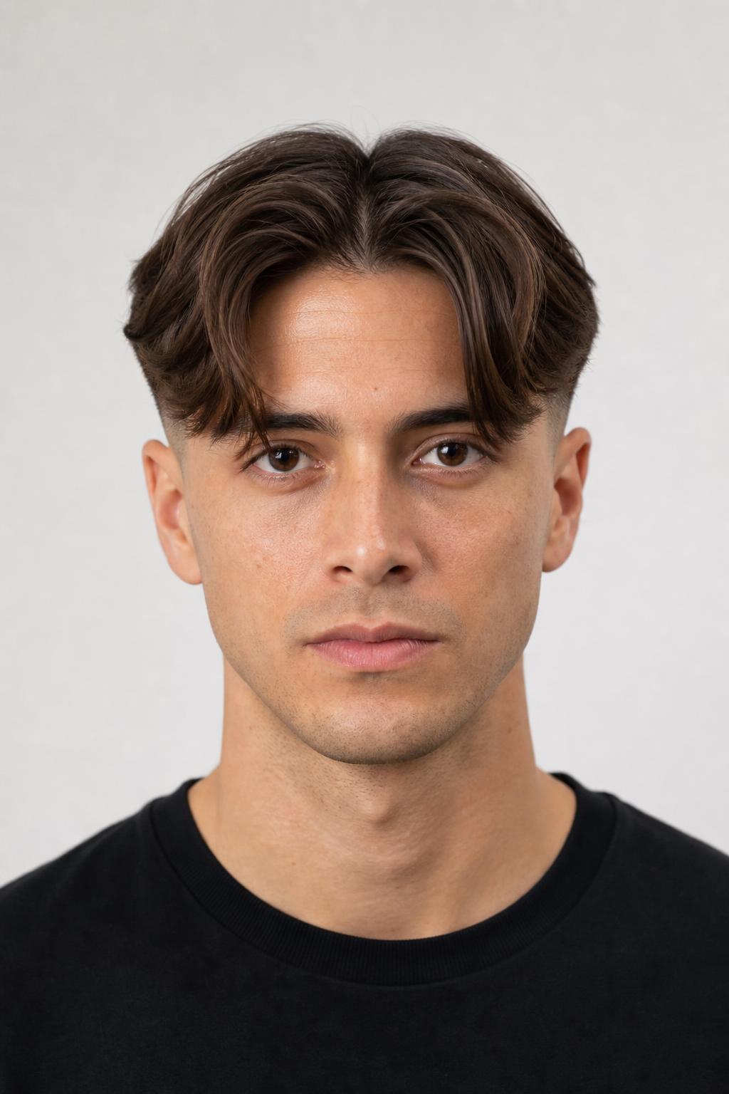 Low Fade with Six-Inch Curtain Bangs Parted Down the Middle on Medium Brown Hair