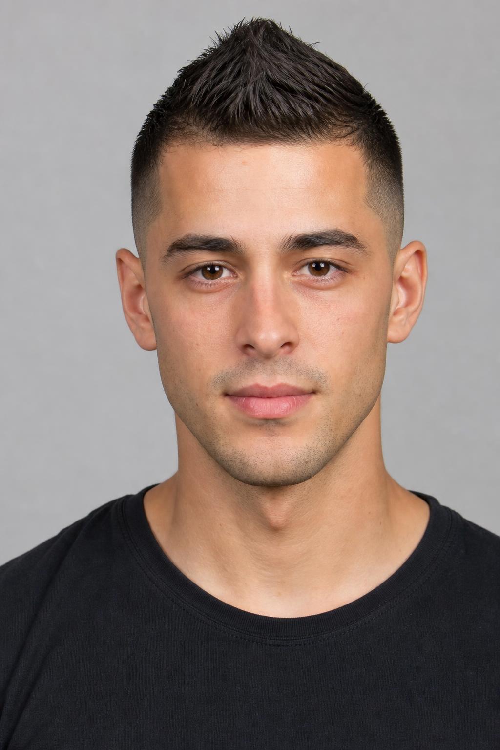 Low Fade Faux Hawk with a Three-Inch Center Strip on Dark Straight Hair