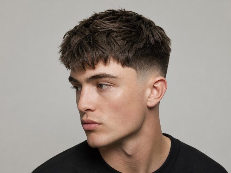Low Fade Haircut with a Textured Crop on Thick Dark Brown Hair