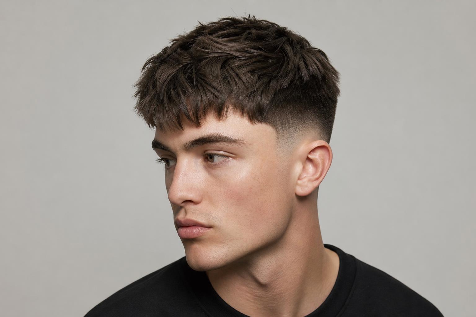Low Fade Haircut with a Textured Crop on Thick Dark Brown Hair