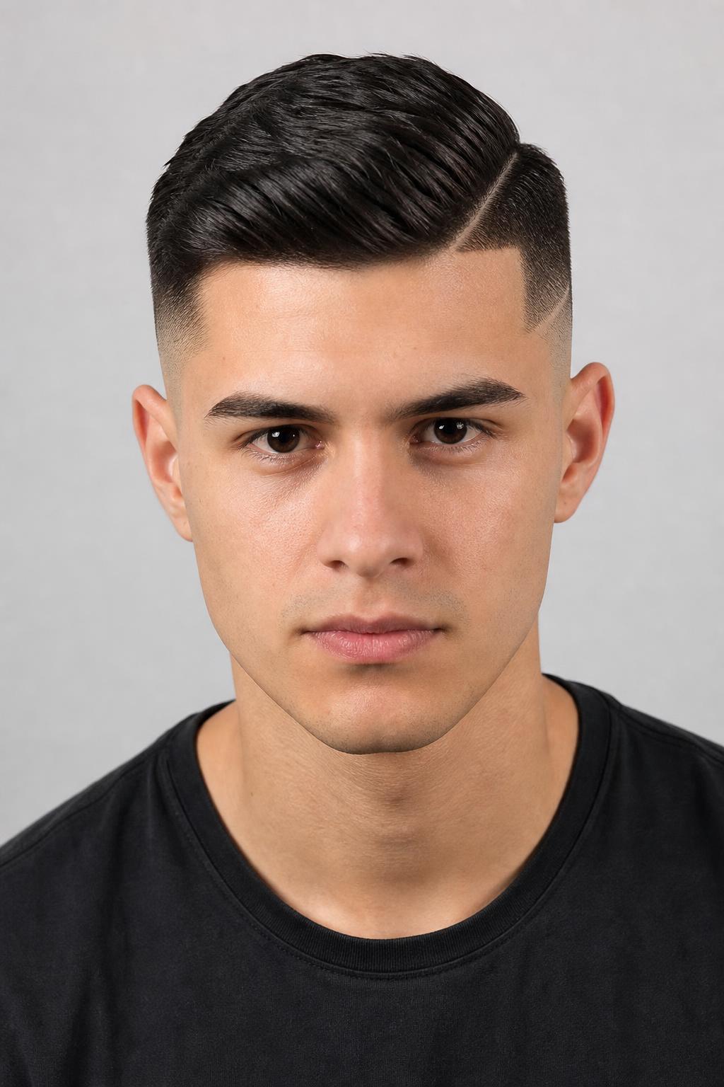 Low Skin Fade with a Razored Hard Part Line on Dark Straight Hair
