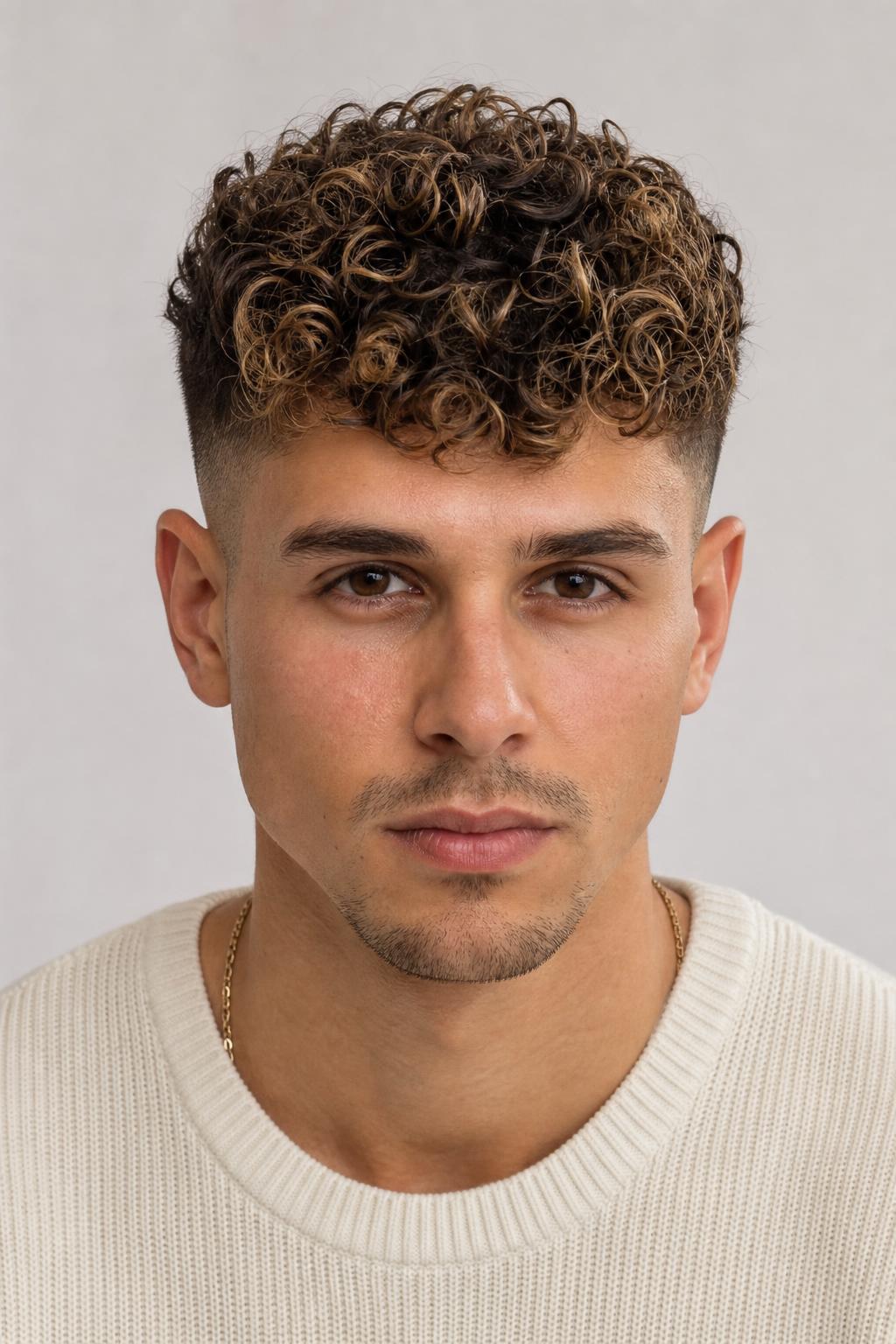 Low Fade with Honey Blonde Tips on Three Inches of Dark Brown Curls