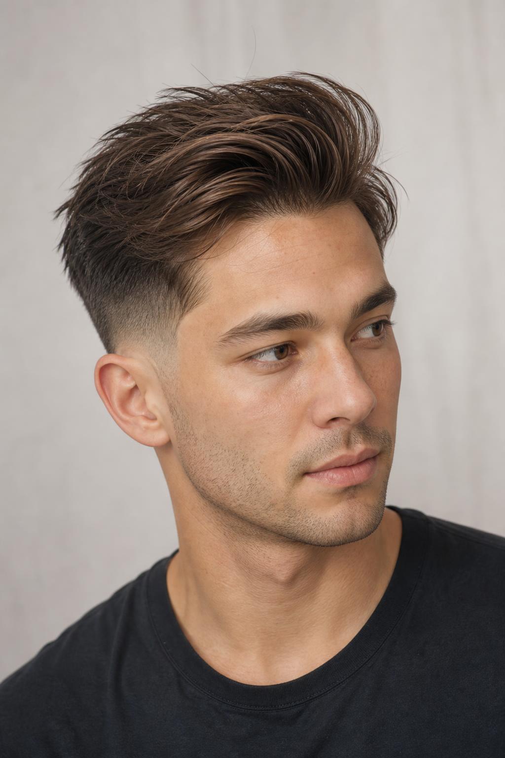 Low Fade with a Four-Inch Messy Quiff Swept Up on Medium Brown Hair