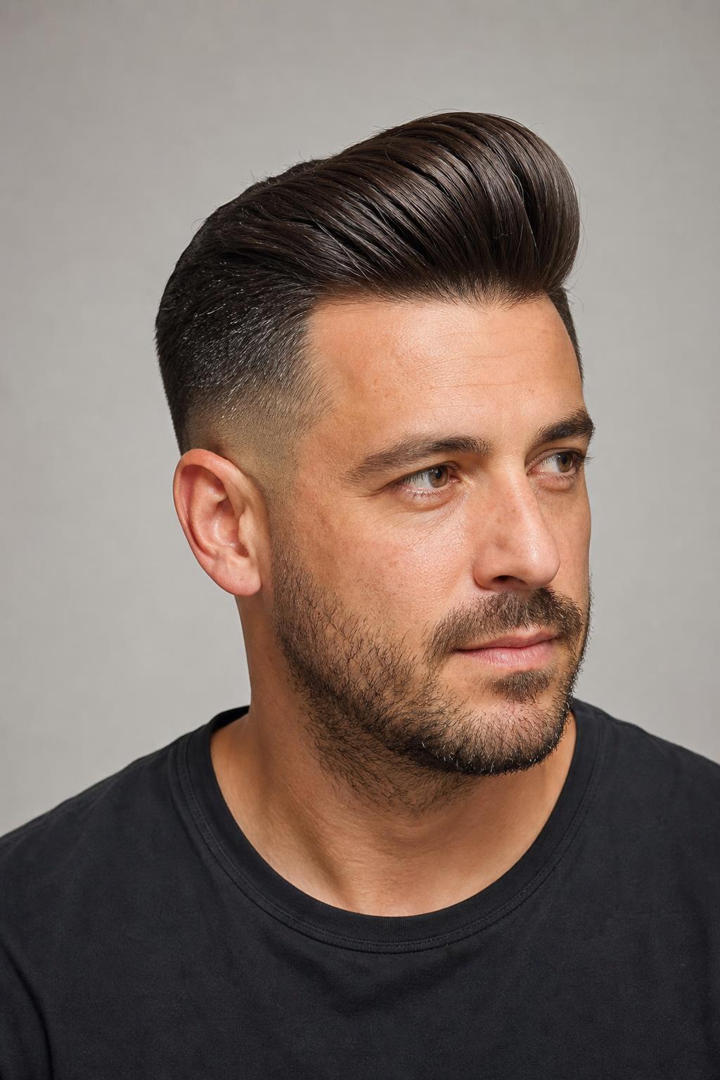 Low Fade Pompadour Swept High and Back with a Glossy Finish on Thick Dark Hair