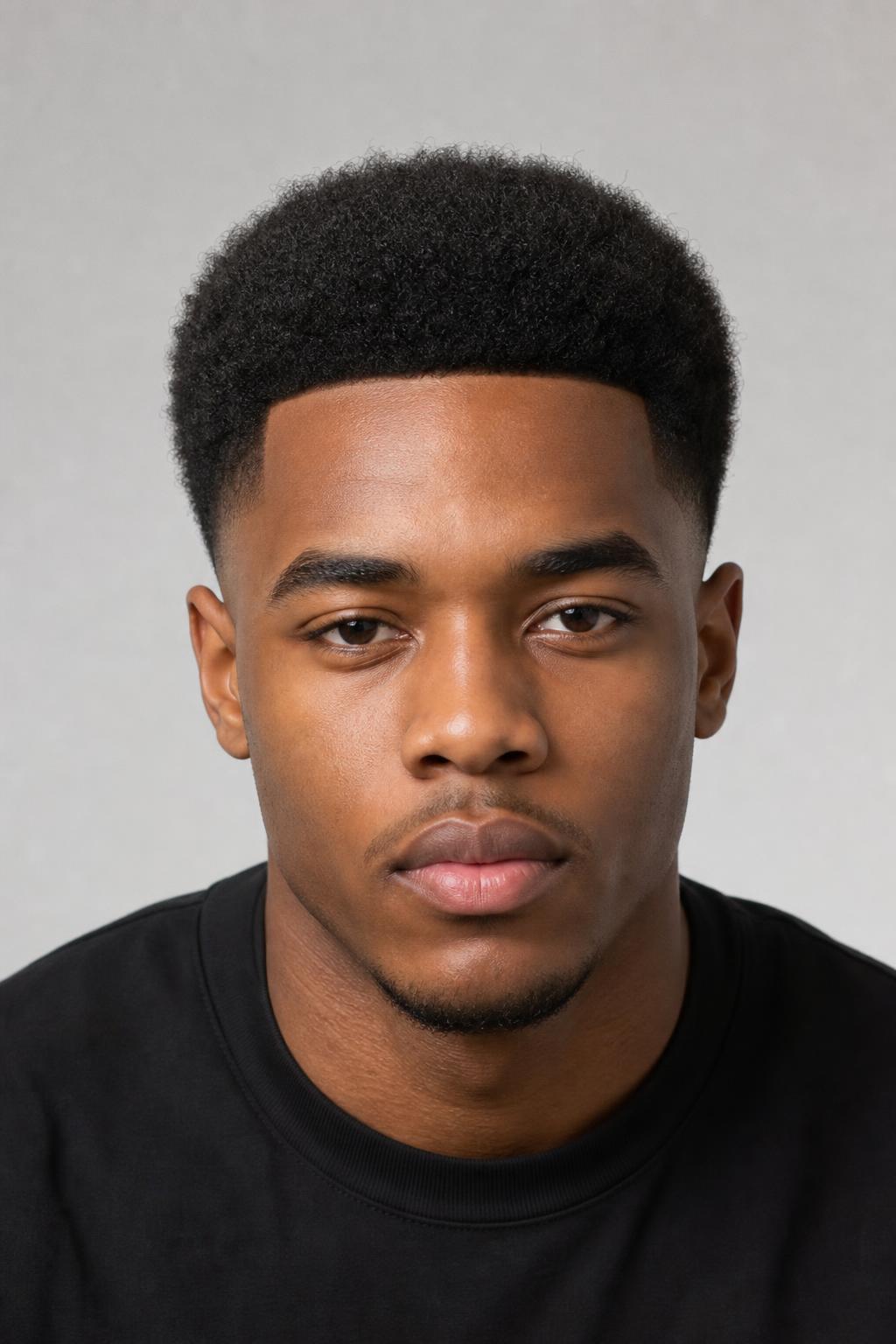 Low Fade with a Two-Inch Rounded Afro Picked Out Evenly on Dark Hair