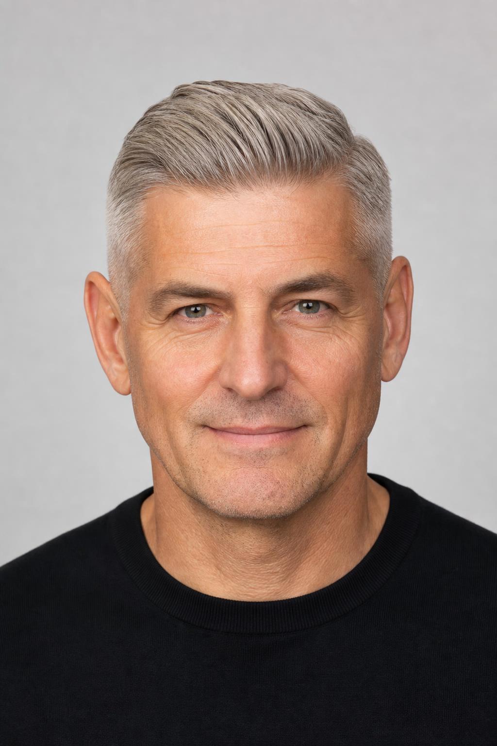 Low Fade with an Inch of Silver Grey Length Brushed Back on Straight Hair