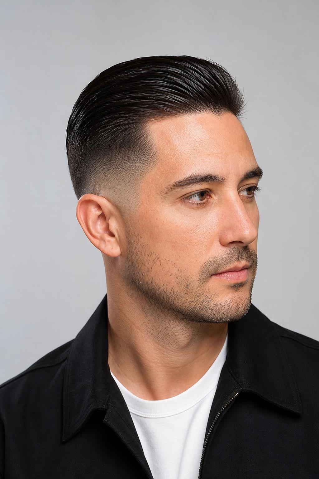 Low Fade Slick Back with Four Inches Combed Flat on Dark Straight Hair