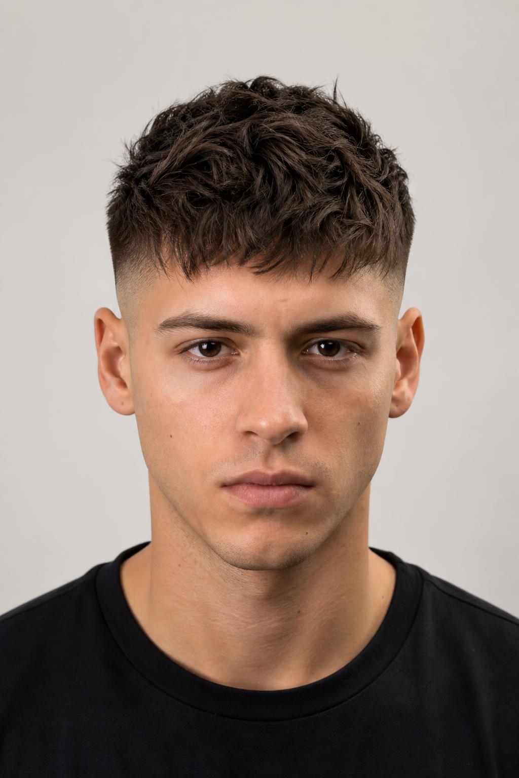 Low Fade with a Two-Inch Textured Crop Pushed Forward on Dark Brown Hair
