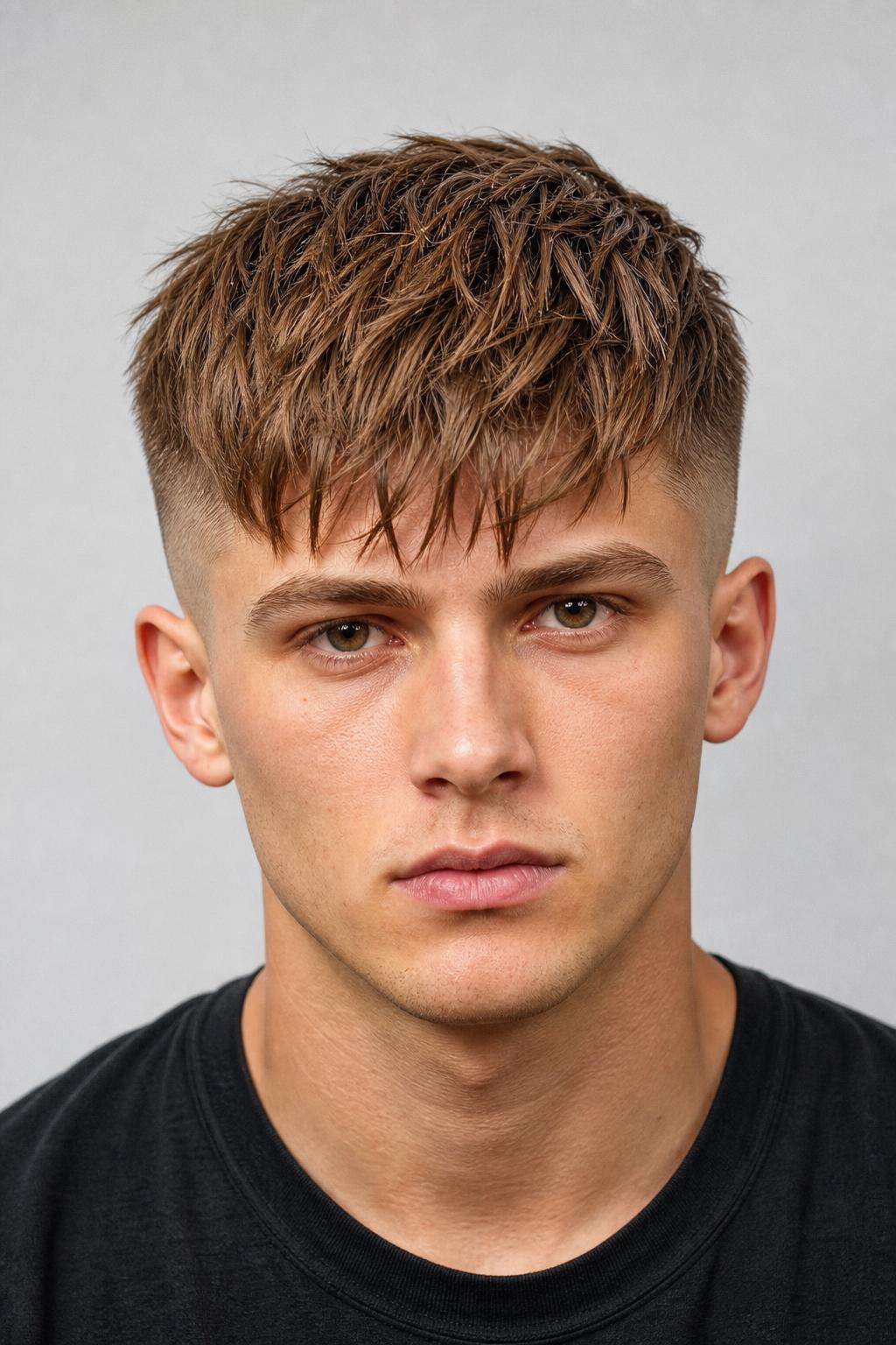 Low Fade with a Piecey Textured Fringe on Fine Light Brown Straight Hair