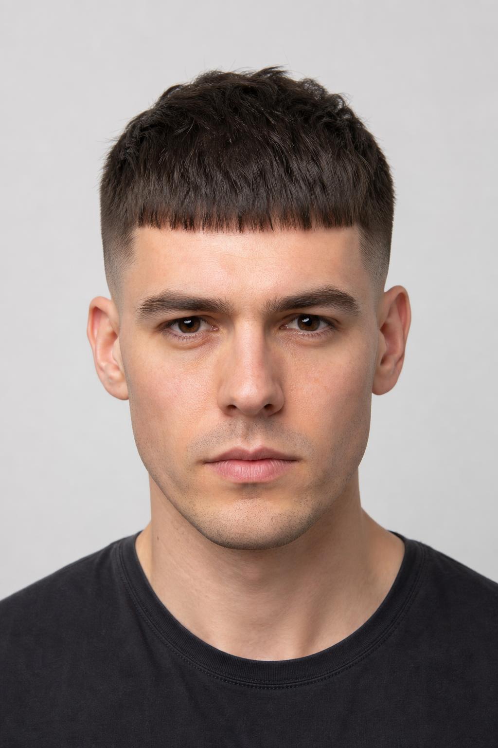 Low Skin Fade with a Blunt Two-Inch Crop on Thick Dark Straight Hair