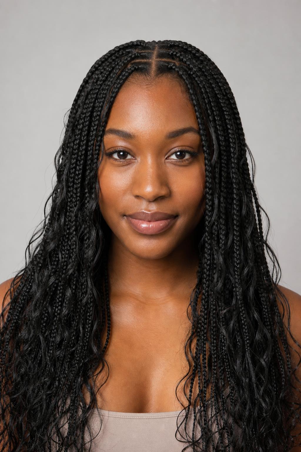 Boho Medium Knotless Braids With Loose Curly Pieces Left Out