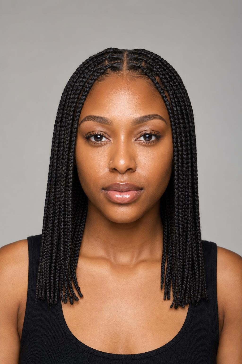 Center-Part Medium Braids Falling Symmetrically on Both Sides