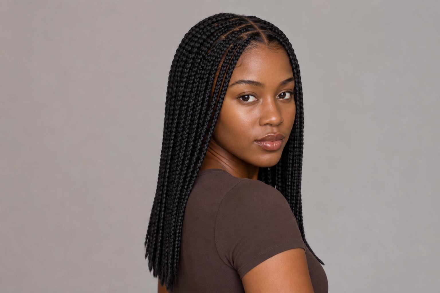 Medium Knotless Braids in Mid-Back Length with a Natural Feed-In Hairline
