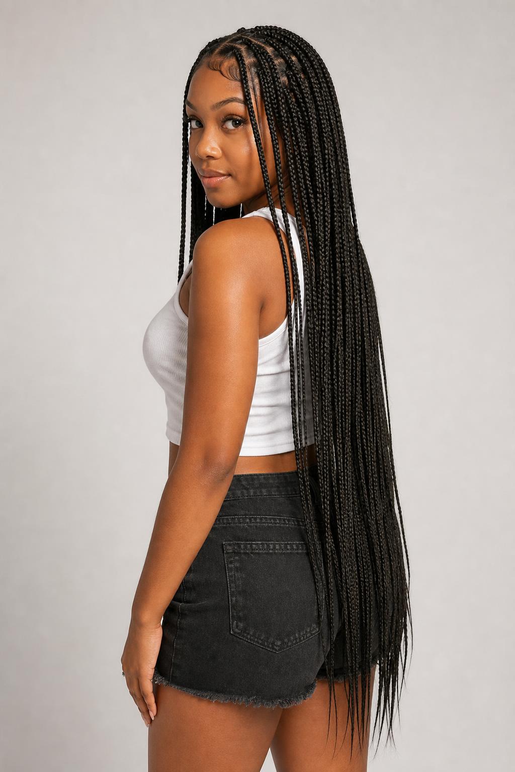 Hip-Length Medium Knotless Braids Grown Past the Waist to the Hips