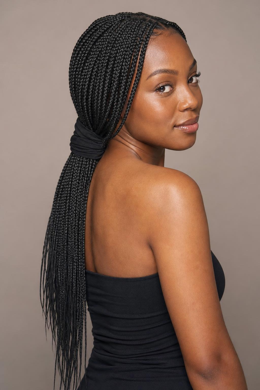 Aged Medium Braids Gathered Softly With a Wrap at the Nape