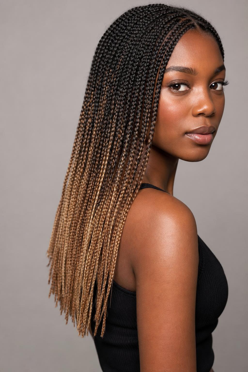 Ombre Medium Braids Fading From Dark Roots to Light Ends
