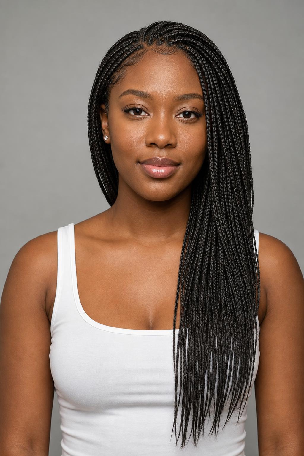 Medium Braids Swept Over One Shoulder for an Asymmetric Finish