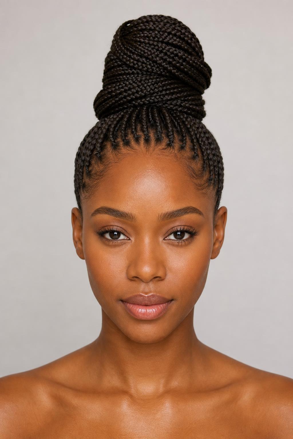 Medium Braids Piled Into a High Top Knot at the Crown