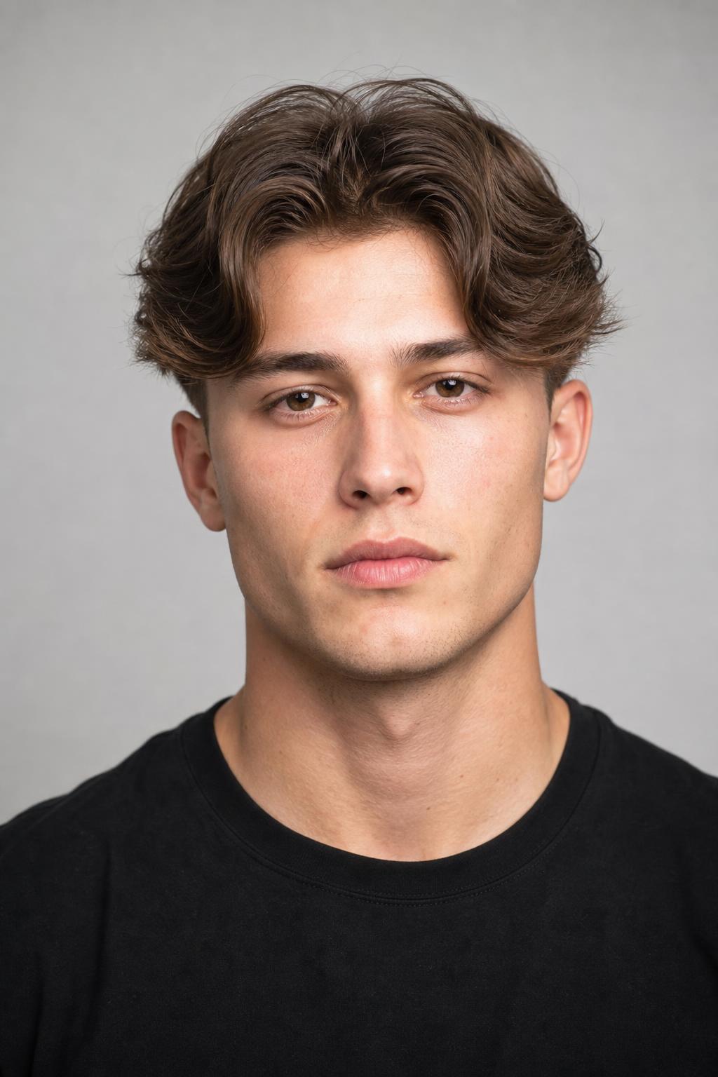 Center Part Blow-Dried to Curve Away from the Face on Thick Brown Hair
