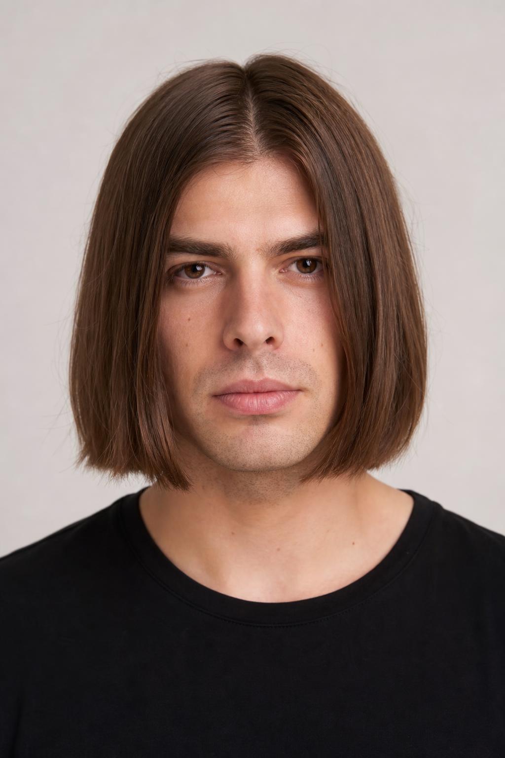 Chin-Length Center Part with Sides Cut to Match the Fringe on Straight Brown Hair