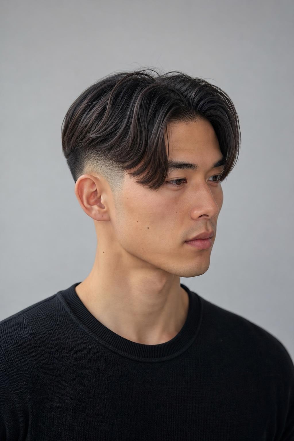 Freshly Cut Skin Fade with Sharp Edges Beneath a Long Center-Parted Fringe