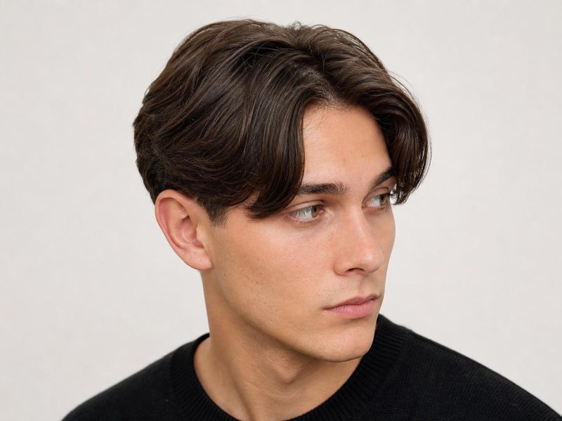 Middle-Parted Curtain Fringe Falling to the Cheekbones on Thick Brown Hair