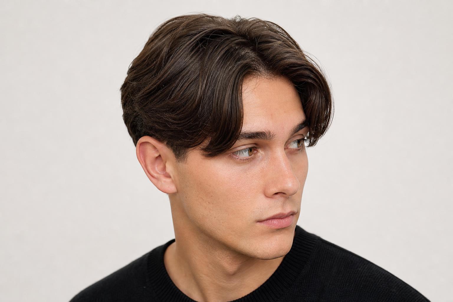Middle-Parted Curtain Fringe Falling to the Cheekbones on Thick Brown Hair