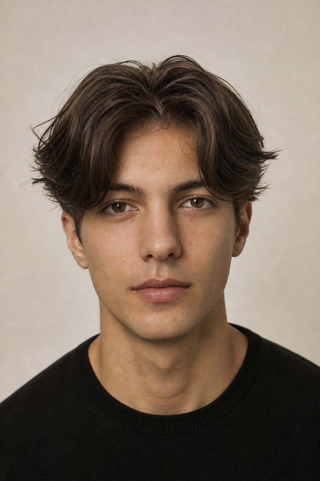 Center Part with a Soft Bend Where Internal Layers Sit Behind the Fringe