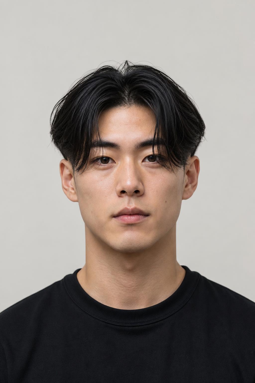 Mid Fade with Narrow Sides Under a Long Center Part on a Square Jawline