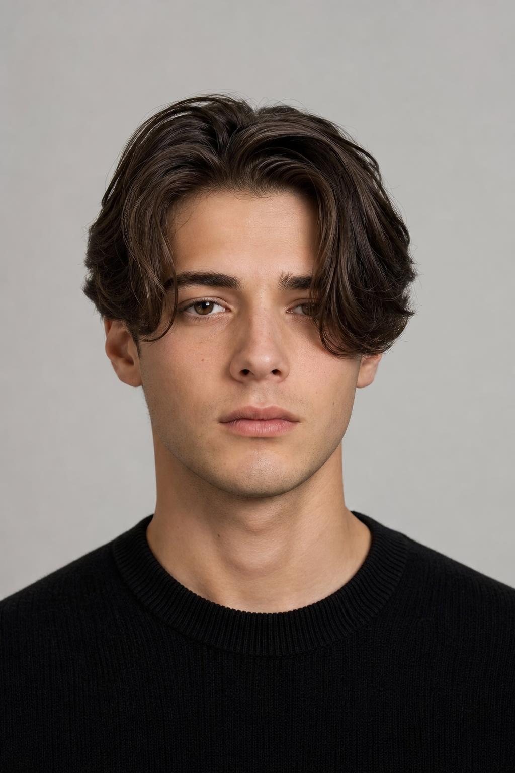 Slightly Off-Center Part with One Heavier Front Panel on Thick Brown Hair