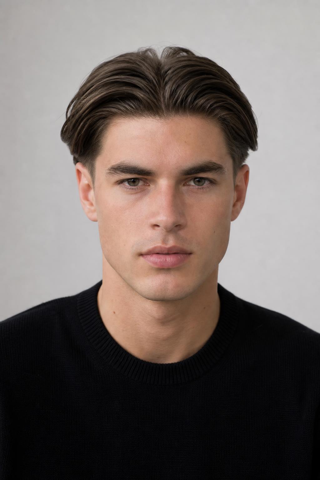 Curtain-Length Hair Brushed Straight Back with a Matte Finish on Dark Hair