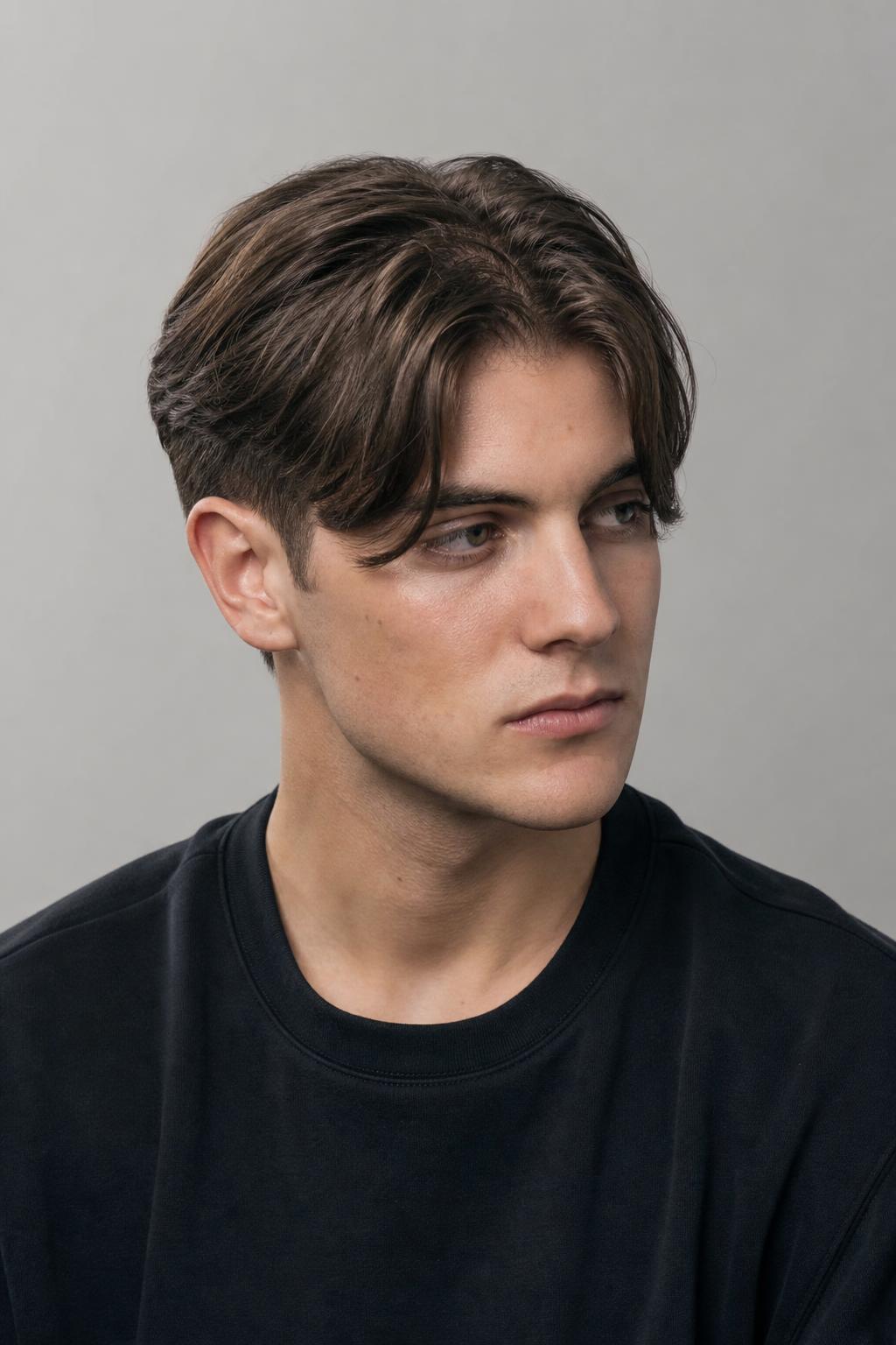 Slightly Grown Tapered Sides Still Holding Shape Under a Center-Parted Fringe